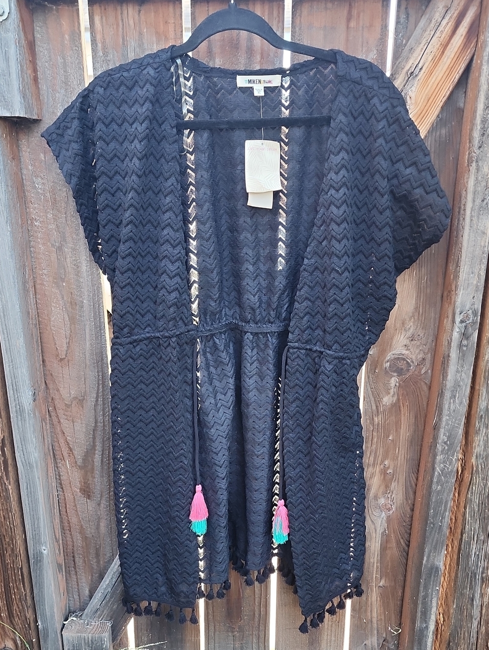 New Miken Swim Black Crochet Cover-Up with Colorful Tassels, NWT, Sz. Large